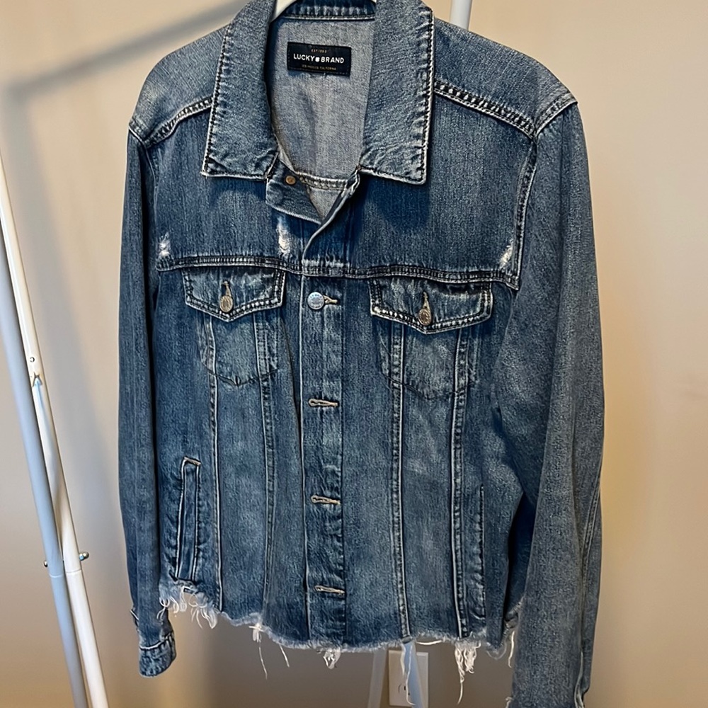 Lucky jean jacket, Tomboy Trucker. Cute fray bottom, overall distressed denim.